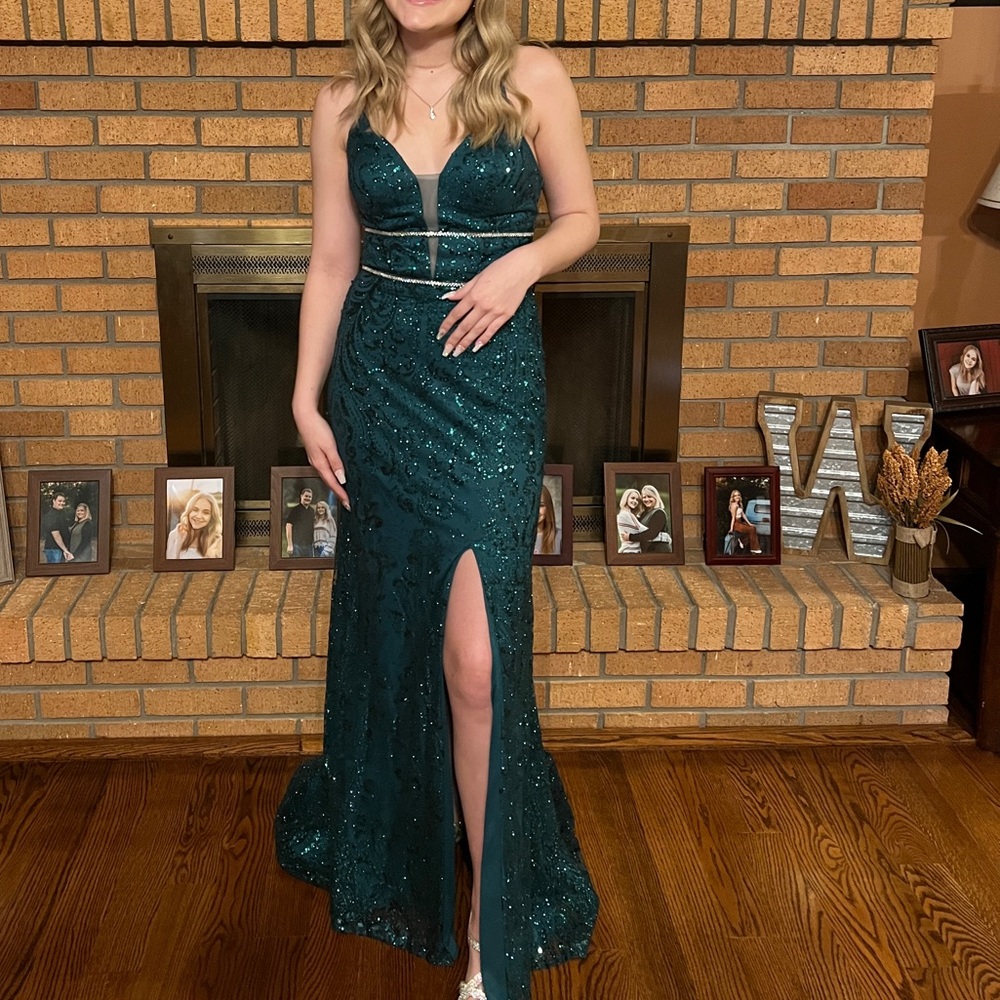 Camille La Vie Green Slit Embellished Gown for Prom